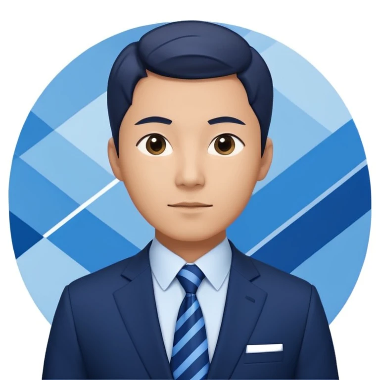 confident and professional Korean businessman emoji, wearing navy suit and blue tie, standing in front of modern corporate background with blue and white geometric stripes, expression conveying leadership, trustworthiness, and digital innovation emoji
