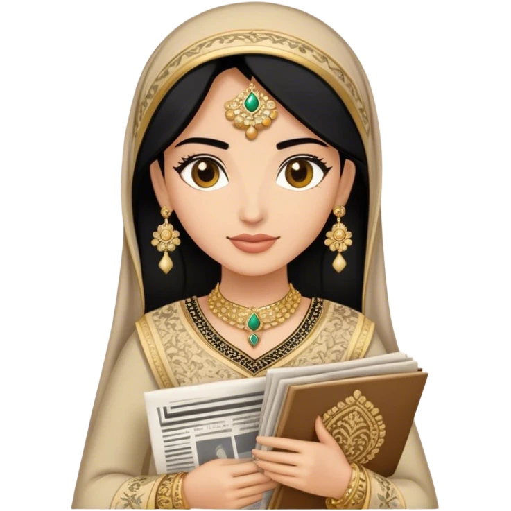 a khaleeji woman dressed in a traditional embroidered outfit,  black hair and a lot of gold accessories holding newspapers  emoji