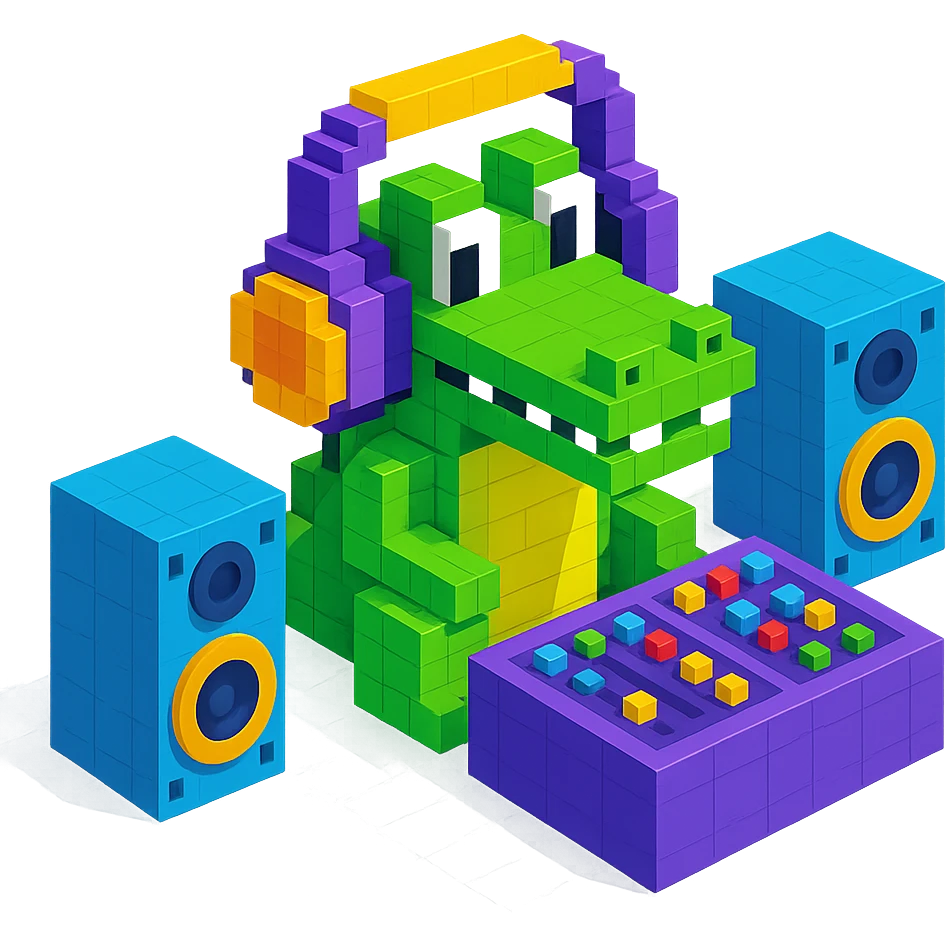 voxel style crocodile with large over-ear headphones in a music studio, isometric view, visible studio equipment like speakers and mixing desk emoji