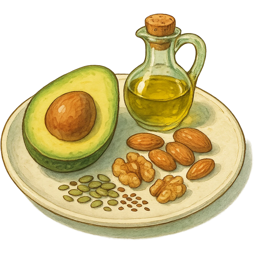 plate with avocado, nuts, olive oil, and seeds in ghibli style emoji