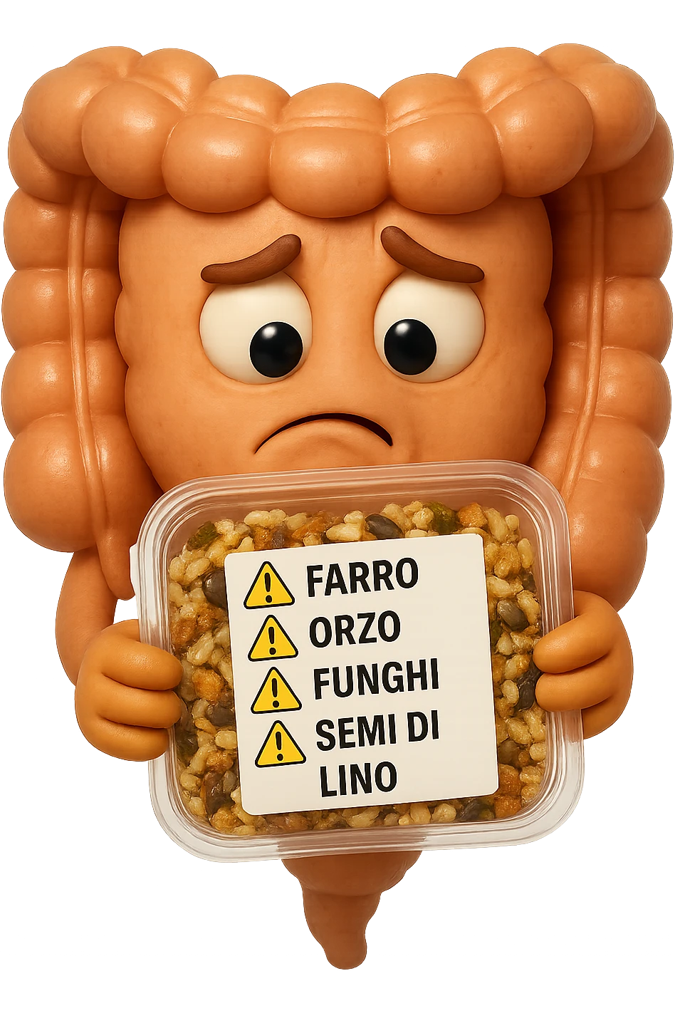 SU QUESTO STILE FAI UN EMOJI STILE IPHONE 3D DI UN INTESTINO CHE HA IN MANO UN insalata di farro mista CONFEZIONATa DA SUPERMERCATO E LEGGE L'ETICHETTA NUTRIZIONALE CON GLI INGREDIENTI IN ITALIANO, ACCANTO ALL'insalata CHE HA IN MANO C'è UN FOCUS SULL'ETICHETTA CON GLI INGREDIENTI SCRITTI, "Farro, orzo, funghi, semi di lino" accanto ad ogni nome scritto mettici un segnale di allarme, FAGLI UN ESPRESSIONE CONFUSA MENTRE LEGGE E FALLO MOLTO REALISTICO IN 3D emoji