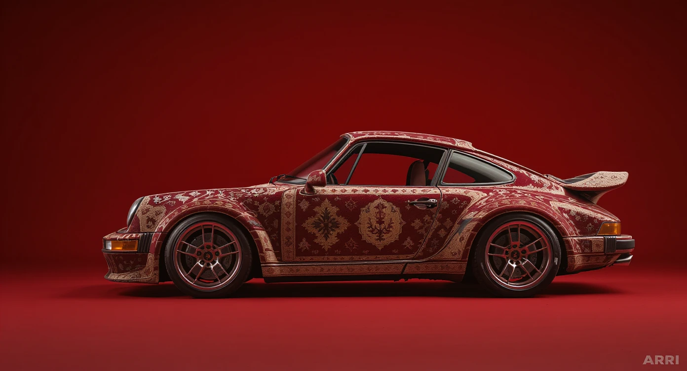 Medium shot of a porsche 911, body of car made of russian carpet with patterns, red solid studio background, low keu light, top soft light, dutch angle,  captured by ARRI 65 emoji