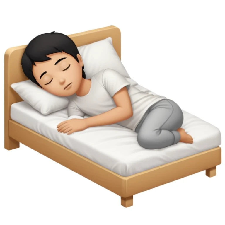 indonesian asian boy black hair wearing white tshirt, is sleeping on white bed emoji