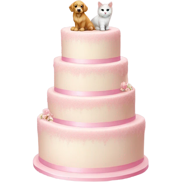 pink wedding cake with a golden retriever and fluffy white cat figures on top  emoji