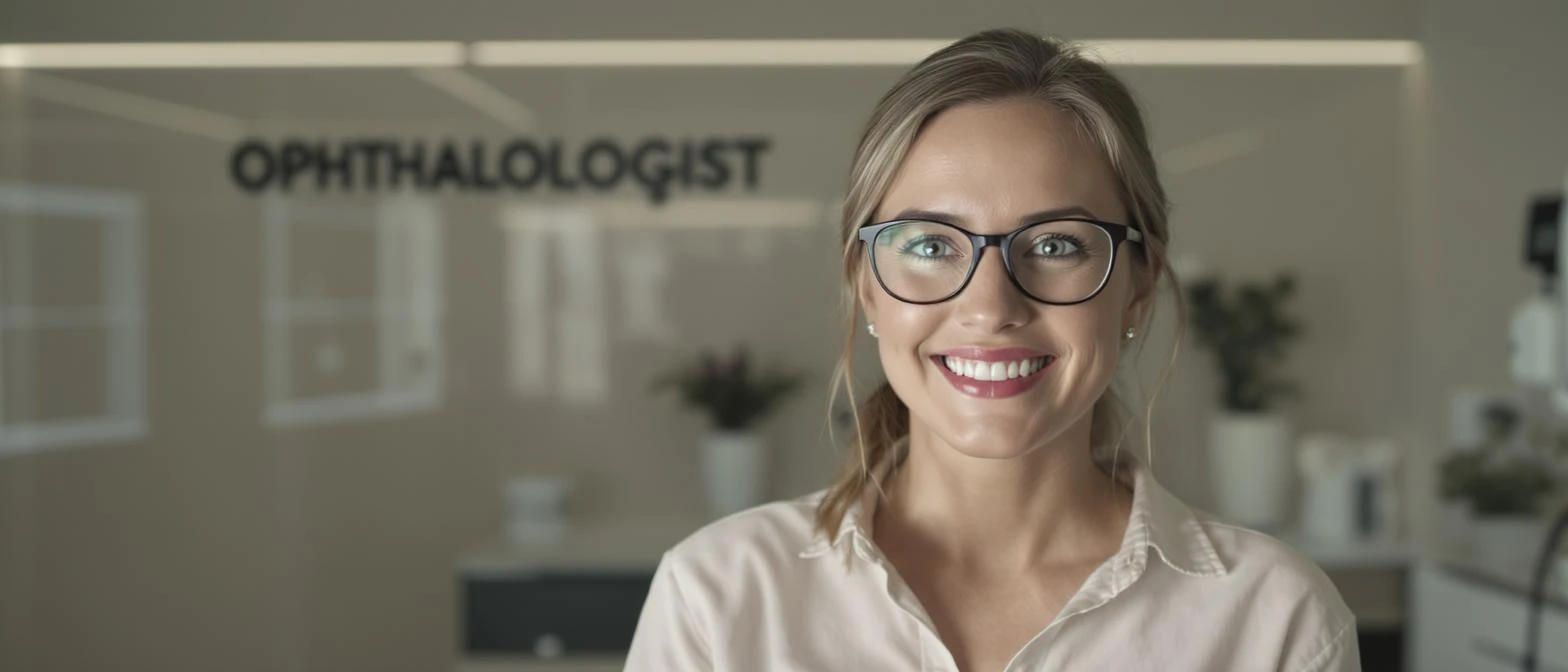 Cinematic still of a smiling european white woman with glasses smiling, minimalistic ophthalmologist interior in background, leading  lines, "rule of thirds" emoji