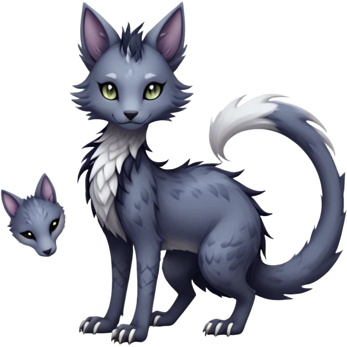 Kawaii dark edgy gloomy dusky dull-colored fantasy ethereal feline-vernid-sergal-fursona animal creature with a tufted tail full body with intricate markings  emoji