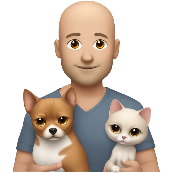 White, bald man is holding a grey, small sphinx cat and woman with dark, straight hair is holding orange, fluffy Pomeranian dog emoji