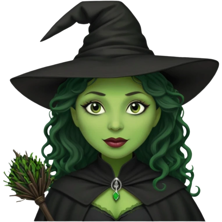 elphaba the wicked witch from wicked movie (cynthia erivo) dark long curly hair, thick lips, green skins, witch hat, witch broom, evil, wicked musical film  emoji
