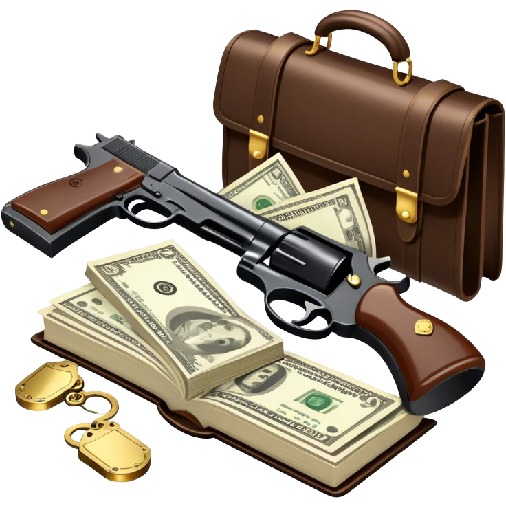 Icon for Action & Crime Reading: open book with text and picture, silhouette of a gun, a bag of money, a police badge. Surrounding elements include a pair of handcuffs, a briefcase and scattered bullet casings. Transparent background. emoji