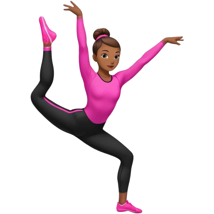 A female gymnast with brown hair in a neat bun, wearing black leggings and a T-shirt with neon pink elements, performing an acrobatic move. emoji