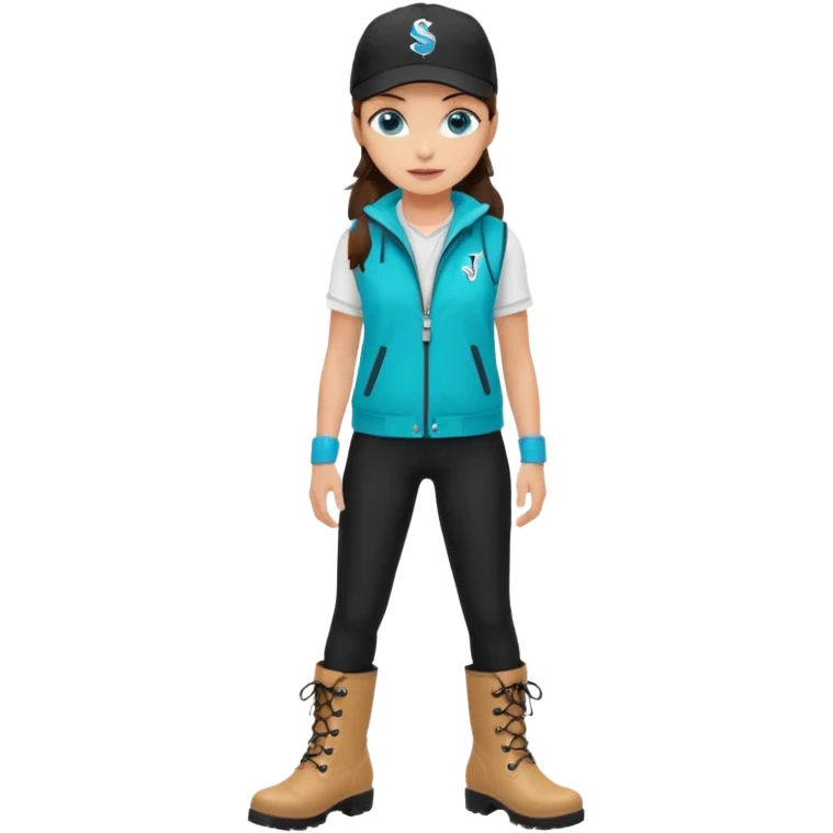 A landscaper in a beautiful turquoise jacket and turquoise rubber boots, black pants, and a black sleeveless shirt. On her head is a black color Swissotel baseball cap. The girl is a brunette with blue eyes. emoji