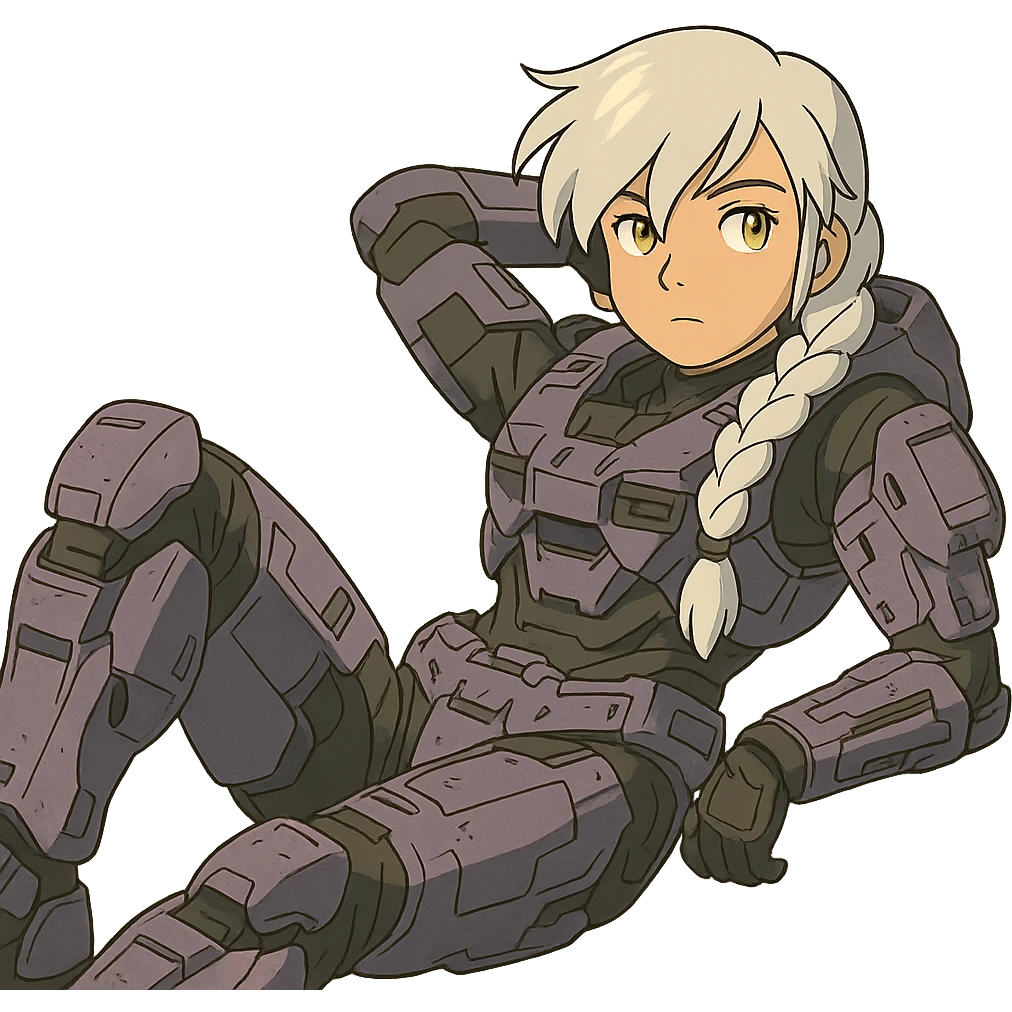 female, wearing reach spartan armor shoulder-unequip, long white braid hair with massive messy front side single bangs, gold yellow eyes, attention pose, HALO:series, no helmet, the armor is lavender color scheme, laying back and relaxing emoji