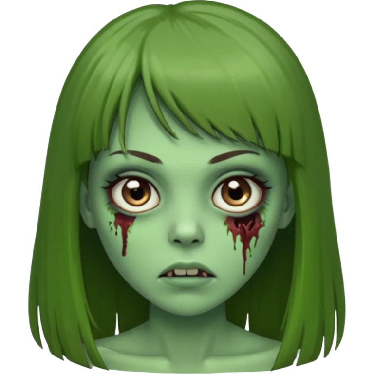 Zumbi feminino, de pele verde, cabelo longo liso e castanho com franja. rosto oval e cilios grandes emoji
