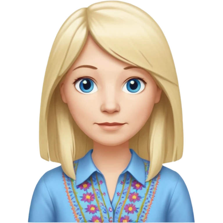 50 yr old white woman, hippie part bangs, very long straight blond hair, oval face, small smile, blue eyes, thin face, hair downback, hair parted at center of head, round cheeks, pale, longer hair, dress shirt emoji