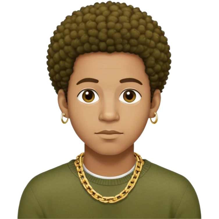 Light brown skinned African American man with very short Afro hair with a olive green sweater and a gold chain and small stud earrings  emoji