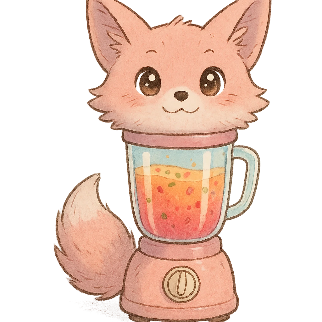 a fluffy fox blender, transparent body with a fruity smoothie inside, sparkling eyes, pastel pink, full-body emoji