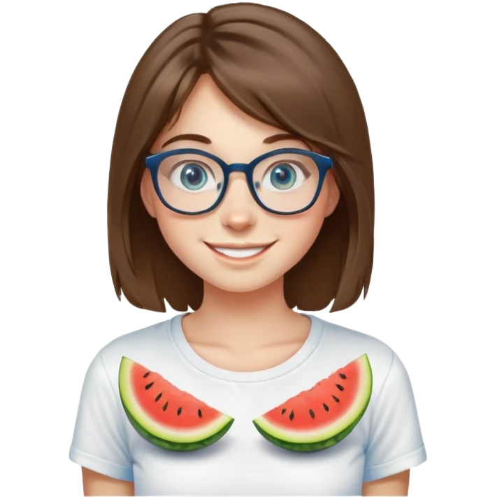 Girl with thin-rimmed glasses, shaggy hair, melon face, big eyes, smiling, 23 years old, energetic, wearing a white t-shirt emoji