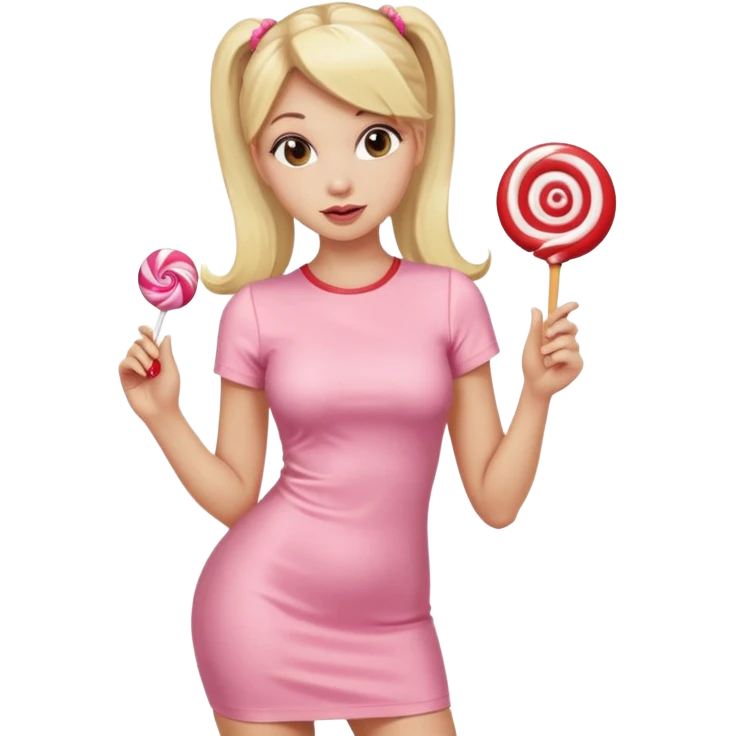 Beautiful woman with long blonde ponytails wearing light pink bodycon dress holding a lollipop emoji
