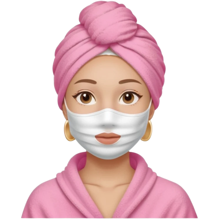 Clean girl influencer character, chest-up portrait, wearing a pink towel wrapped around the head, half-face skincare mask (applied only on one side of the face), relaxed confident expression, , minimal chic self-care aesthetic, subtle beauty accessories emoji