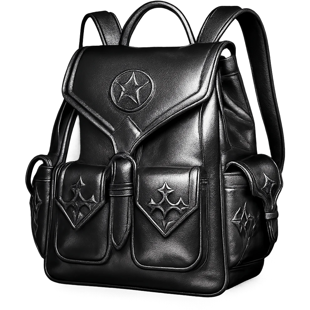 pink and black gothic backpack, metallic shine, reflective, futuristic gothic details emoji