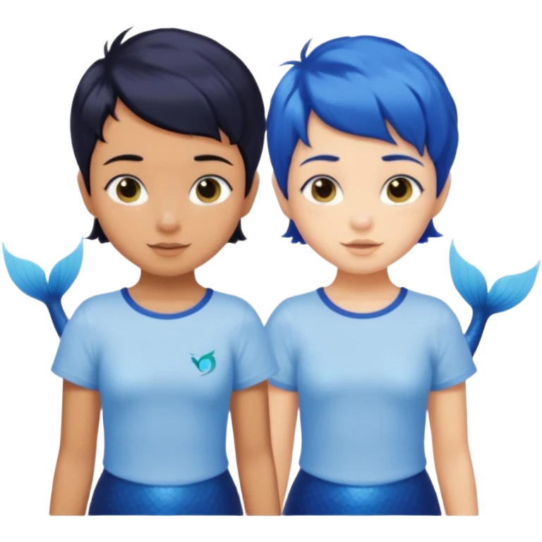 two tanned skin, black haired, sibling mermaids, one with short hair and the other with pixie cut. both wearing t shirts with blue tails emoji