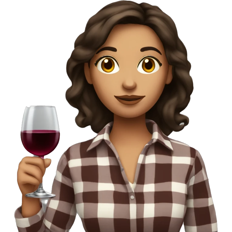 A brunette in a plaid and with a glass of wine emoji