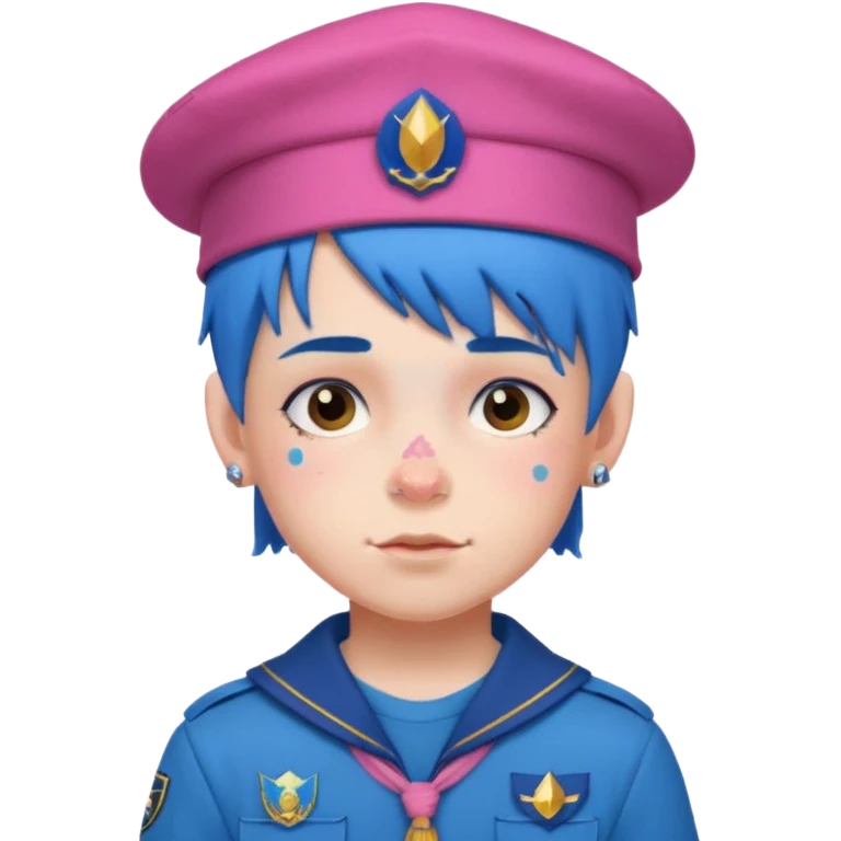 scout boy with very pink scout uniform, blue haired and hat, tattoed emoji