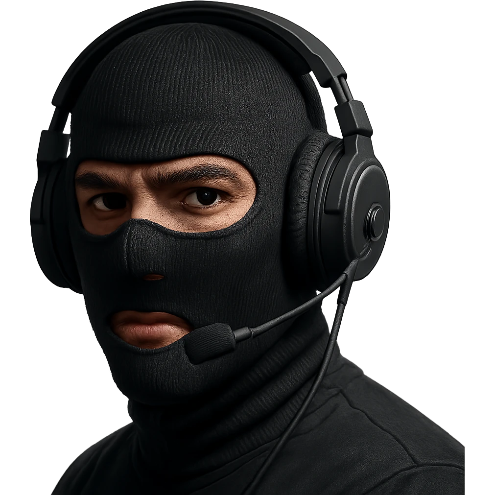 guy wearing a ski mask with a headset, modern, clear details emoji