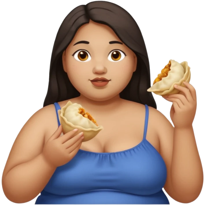 Can you create an emoji of a half Indian - half white 23 year old girl with dark brown mid length hair and brown eyes who is super obese and eating a dumpling. Full body and make her really fat emoji