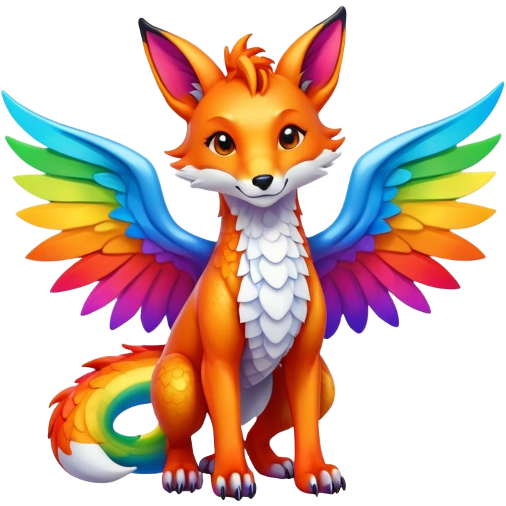 Cartoon Fox dragon hybrid with wings face front full body rainbow colored emoji