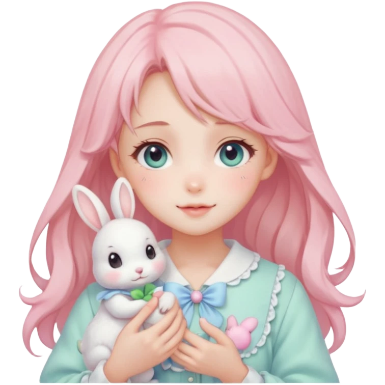 Gorgeous pastel anime style lady with blushing face and holding a bunny cottagecore fairycore pastelcore colorful pearly romantic simplistic aesthetic trending style emoji