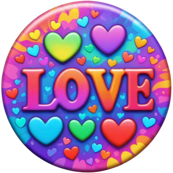 A round psychedelic colored button with bezeled edges and the word love emoji