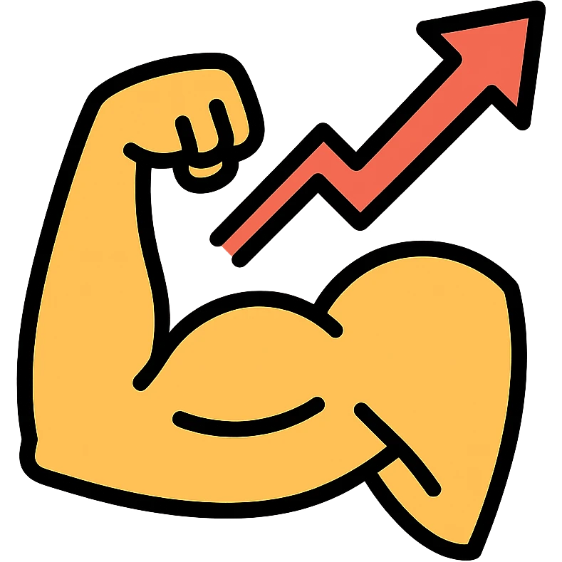colored icon of a strong flexed arm with an upward and to the right graph arrow, symbolizing increasing strength emoji