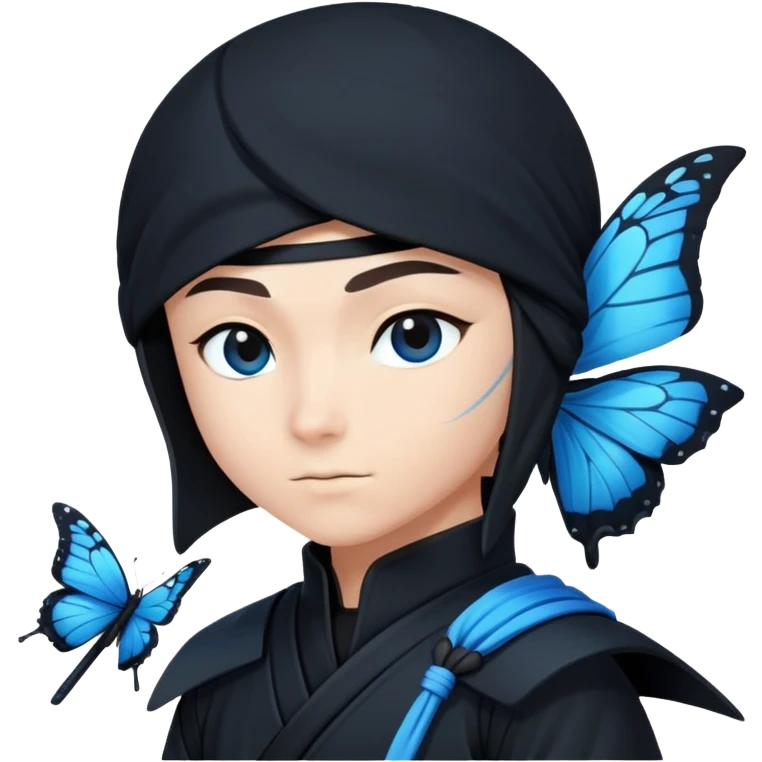 Crea un emoji para usar en WhatsApp con estos dos emoji 🥷🏻🦋.
Ninja vestido de negro con la piel blanca y una mariposa azul posada en su hombro izquierdo como si la mar6 estuviera volando en su hombro. emoji