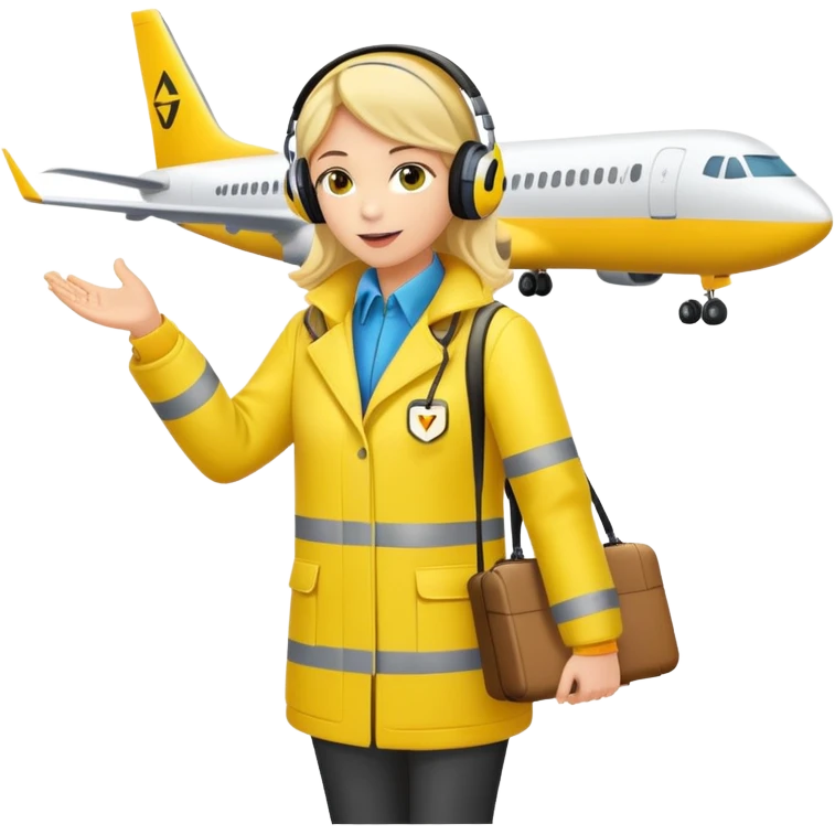 ramp agent at airport wearing bright yellow coat and headphones, directing aircraft emoji