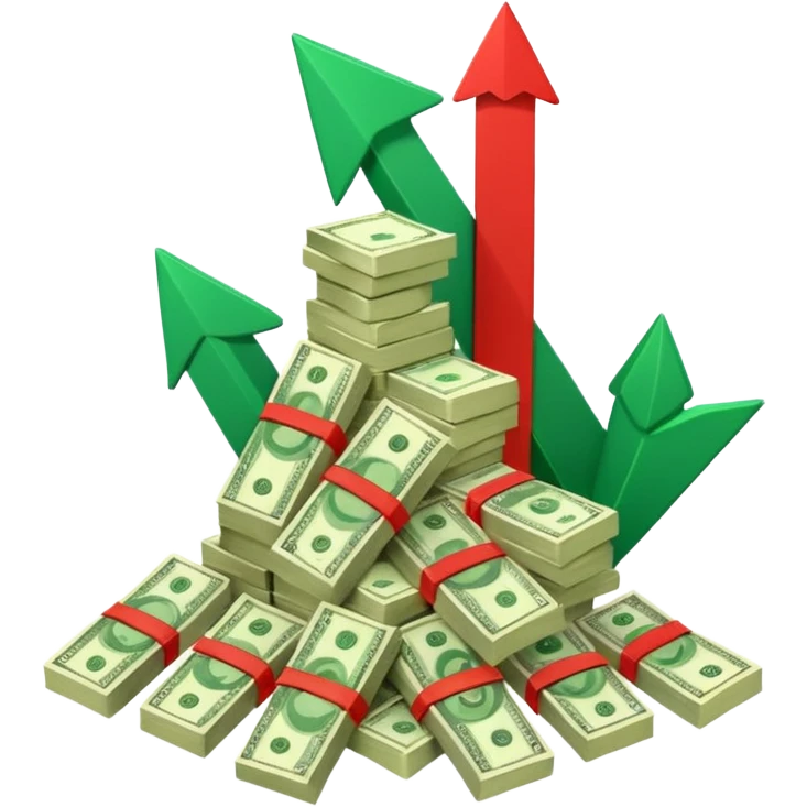 a pile of money infront of strategy paper with red arrow up emoji
