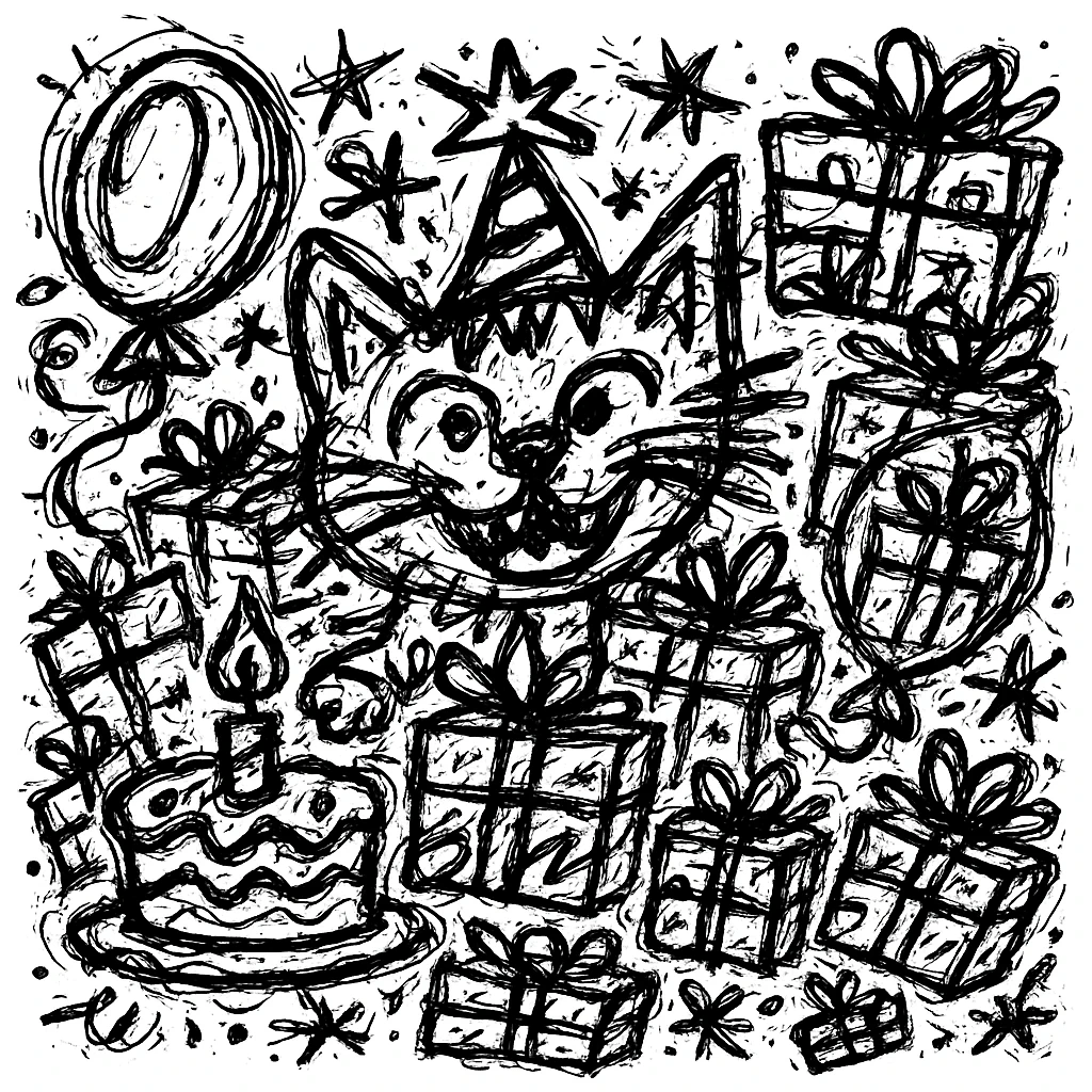Add more gifts around the kitten, keeping the chaotic outlined style and all original elements intact emoji