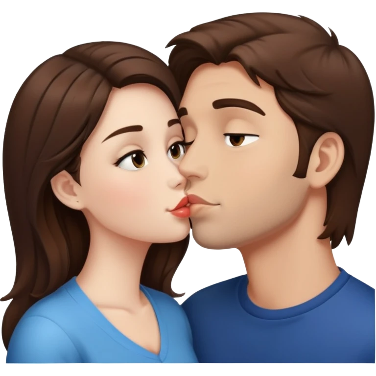 A brunette girl kisses a guy with brown hair. emoji
