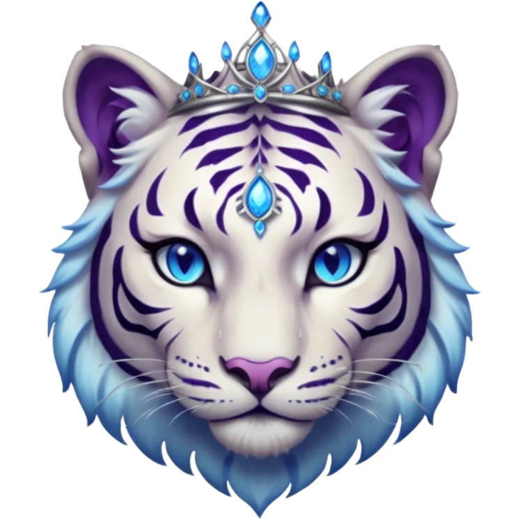 ESO Female white/black tiger khajiit leader of the umbral rose, glowing blue eyes, glowing blue 'third eye' gem; purple gemmed silver tiara emoji