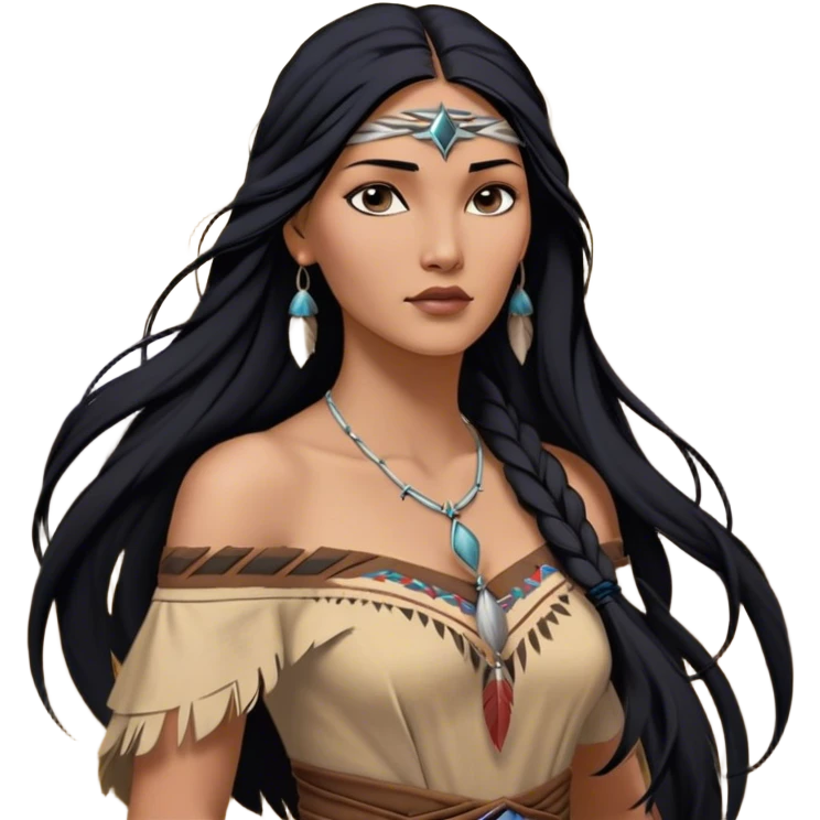 Cinematic Realistic Pocahontas Portrait, depicted with lifelike skin texture, soft natural lighting, and intricately detailed long, flowing raven-black hair that moves gracefully in the wind. Her deep, soulful dark brown eyes exude wisdom and strength, complemented by a serene yet powerful expression. She is dressed in her classic one-shoulder native american dress, with rich fabric textures and delicate beaded details that catch the light beautifully. The portrait features a soft, sun-kissed glow with a natural, radiant finish, capturing the essence of untamed beauty and deep connection to nature in a realistic and painterly style, evoking a sense of depth and authenticity. emoji