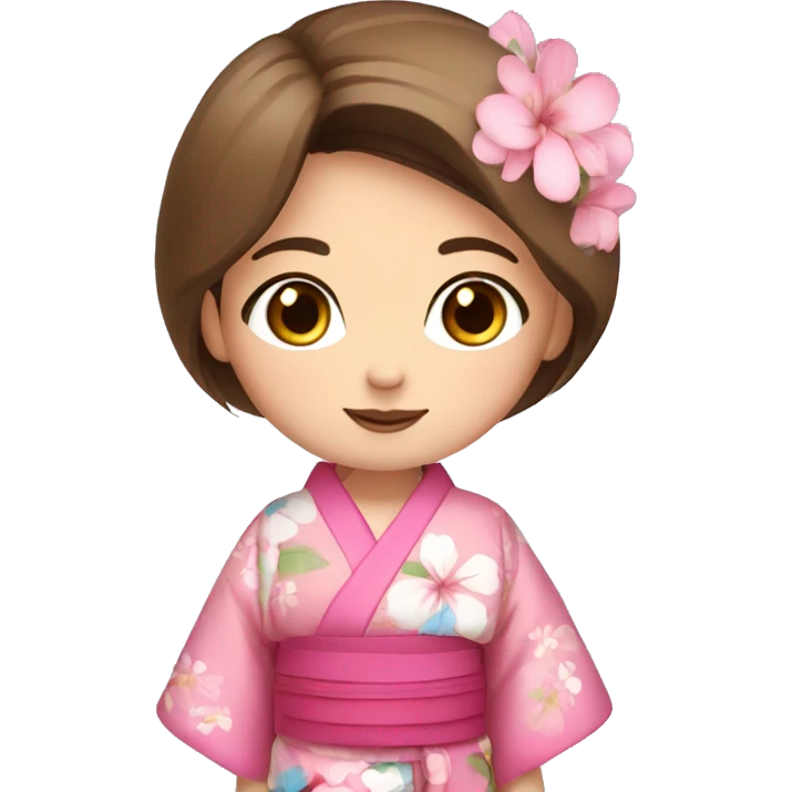 cute girl brown straight hair and blue eyes in pink flower kimono emoji