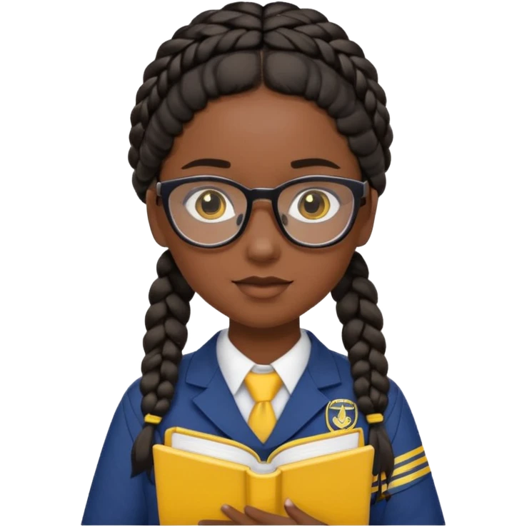 Girl student wearing uniform, glasses, hold yellow book in front of their chest, black braided hair, dark skin emoji