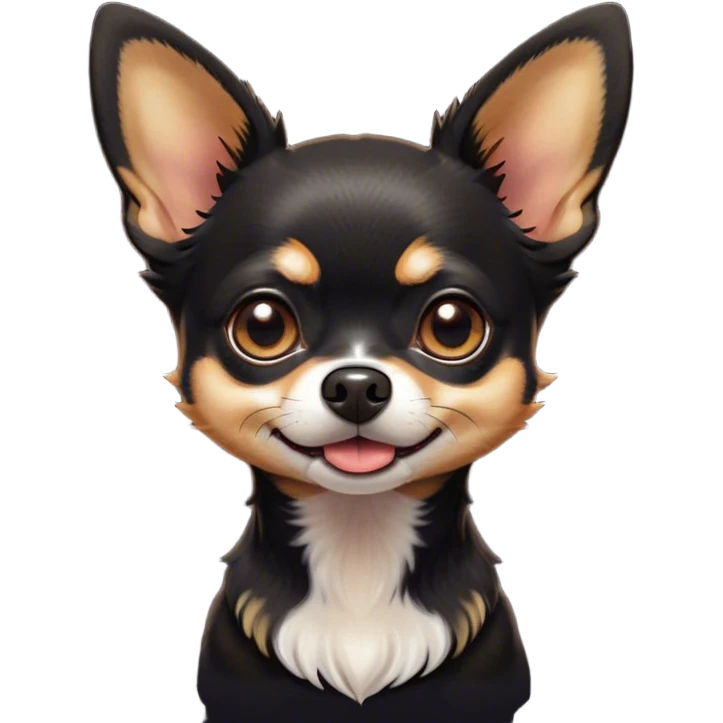 Cinematic Comical Black Tri Short Haired Chihuahua Portrait Emoji, Head tilted dramatically with an exaggeratedly shocked or offended expression, short black tri-color fur with striking white and tan markings, wide, expressive dark eyes filled with exaggerated disbelief, Simplified yet hilariously expressive features, highly detailed, glowing with a slightly sassy glow, high shine, dramatic yet playful, stylized with an air of attitude, bright and endearing, soft glowing outline, capturing the essence of a sassy and over-the-top pup, so meme-worthy it feels like it could side-eye its way into internet fame instantly! emoji