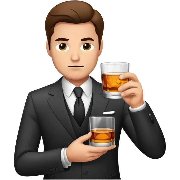 businessman in suit holding a glass of whiskey, looking tired emoji
