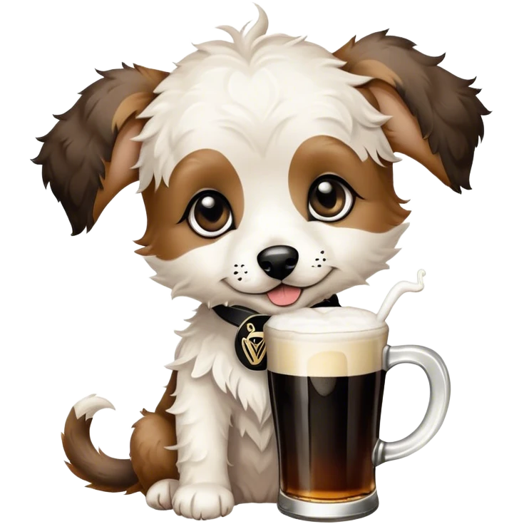 Black Puppy. Jackapoo. White face. Black pointy floppy ears. Black circles around eyes. Drinking a Guinness beer. The dog does not have brown hair emoji