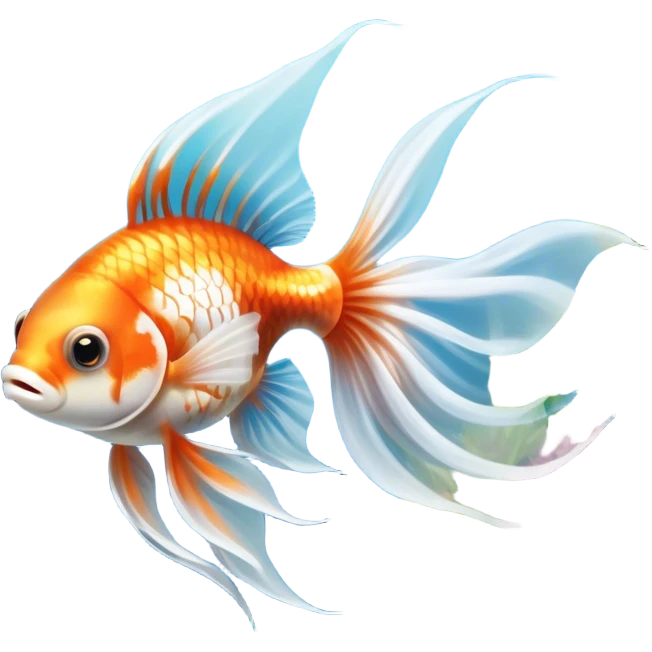 Large aquarium fish like veil tails and lionhead goldfish swimming gracefully in a beautifully decorated aquarium. Colorful aquatic plants, smooth rocks, and gentle bubbles surround the fish. The water shimmers in sunlight, creating a peaceful and vibrant underwater scene. Transparent background. emoji