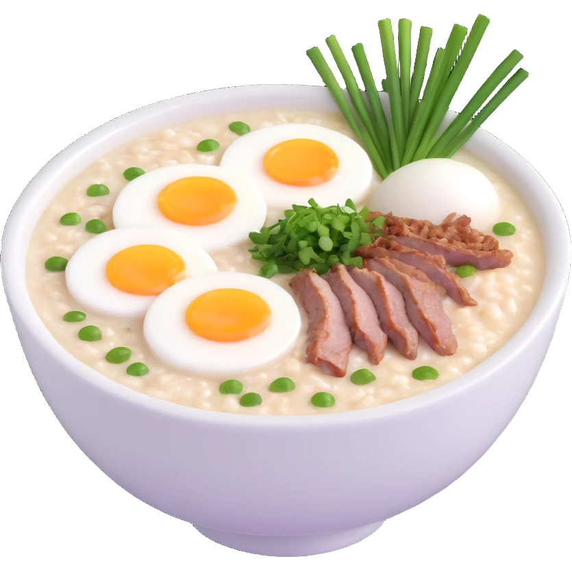 bowl of Asian rice porridge (congee) with steam, simple round bowl, topped with halved soft-boiled egg, minced pork, chopped green onions, cilantro, crispy fried garlic, smooth colorful clean minimal cute emoji