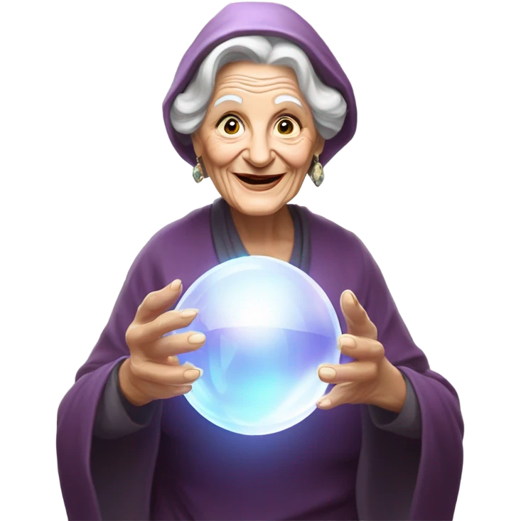 Wise Old Lady Fortune teller with crystal ball looking into the camera smiling emoji
