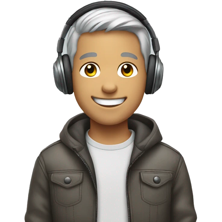 smiling boy by the car gray hair and headphones  emoji