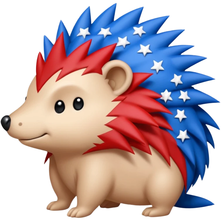 Red and blue Porcupine facing right. Bottom layer red: covers feet, round face, 2 spikes. blue upper layer 6 spikes, 3 white 5 pointed stars in the middle of the blue. emoji
